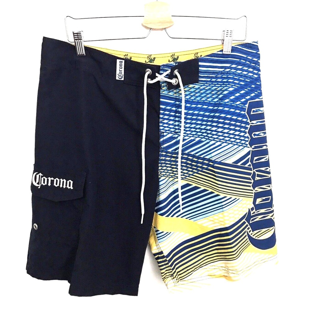 Corona Mens Board Shorts Blue Spellout Swim Beer Drawstring Pocket Sz L Flaw